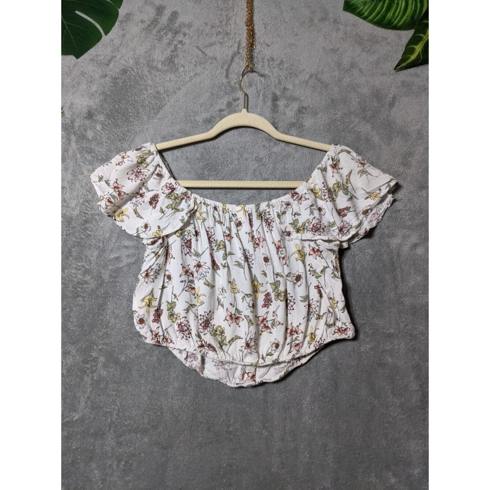 🍑XHILARATION Women 100% Rayon Knit Top Cropped Floral Multicolor MEDIUM (8-10) - Picture 6 of 11